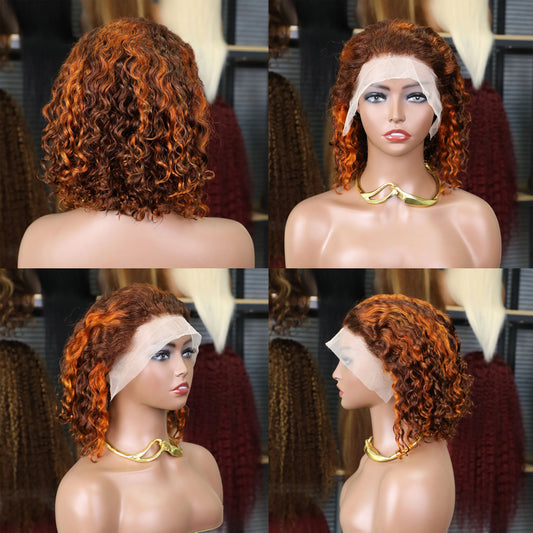 Brown Ginger Piano Colored 13x4 Lace Frontal Human Hair Curly Wigs Water Wave 4/350 Highlight Short Bob Wig Human Hair