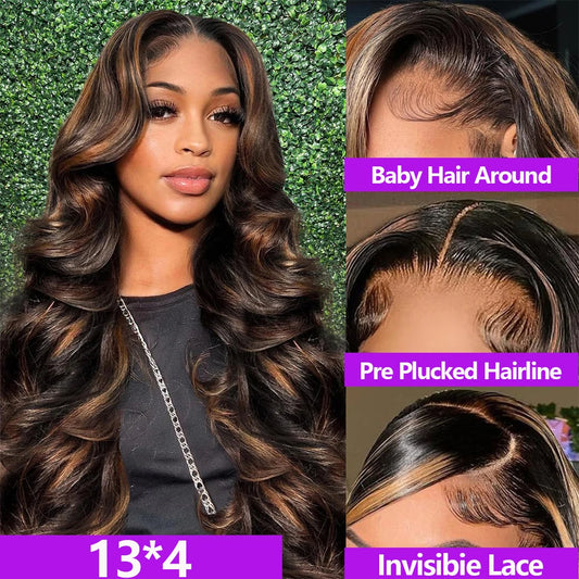 1B/30 Body Wave Highlight Wig Human Hair 30 Inch 13x4 HD Lace Frontal Wig 200 Density Natural Brazilian Hair Wig